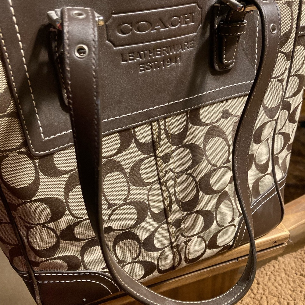 Coach Brown Monogram Tote with Leather Trim